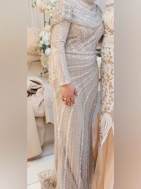 Serene Hill Beaded Champagne Evening Gown - Elegant Long Sleeve Formal Dress